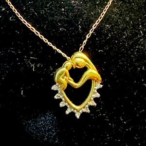 10k Yellow Gold Diamond Heart Mother And Child Pendant Charm Real, New in box
